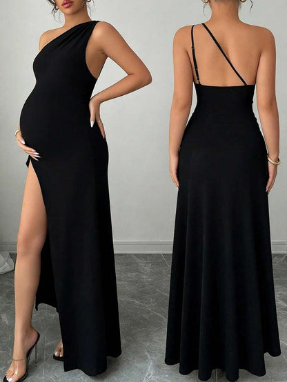 Elegant Black Spaghetti Strap Maternity Dress - Slimming Asymmetrical Neck Backless Cami Dress with Slit Hem for Office & Casual Wear
