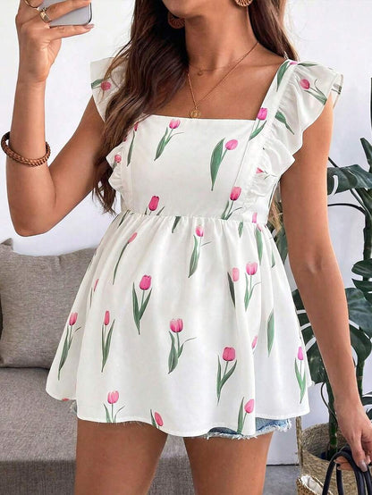 Floral Print Maternity Peplum Blouse with Square Neck and Cap Sleeves - Boho White Ruffle Hem Summer Vacation Beach Top