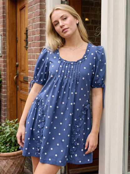 Yellow Polka Dot Maternity Smock Dress with Puff Sleeves and Ruffle Trim - Loose High Waist Summer Beach Mini Dress