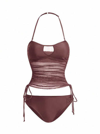Women's 2-Piece Tankini Set - Detachable Strap Bandeau, Contrast Mesh, Navy Blue