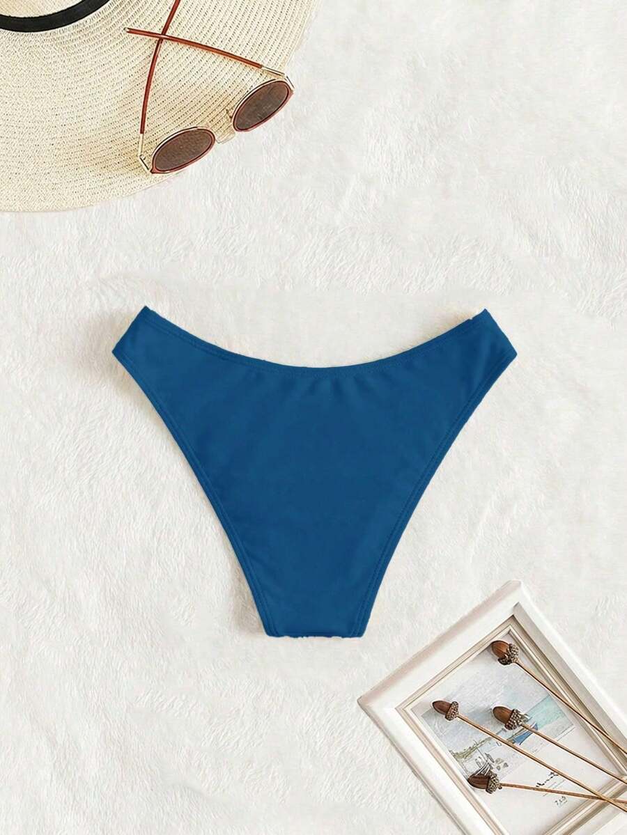 Swim Vcay Summer Beach Plain Ribbed Knit Bikini Bottom