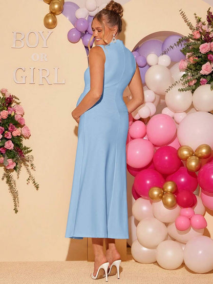 Maternity Elegant High Neck Sleeveless A-Line Dress Slim Fit Knitted Solid Blue Maxi Dress for Night Out and Formal Events