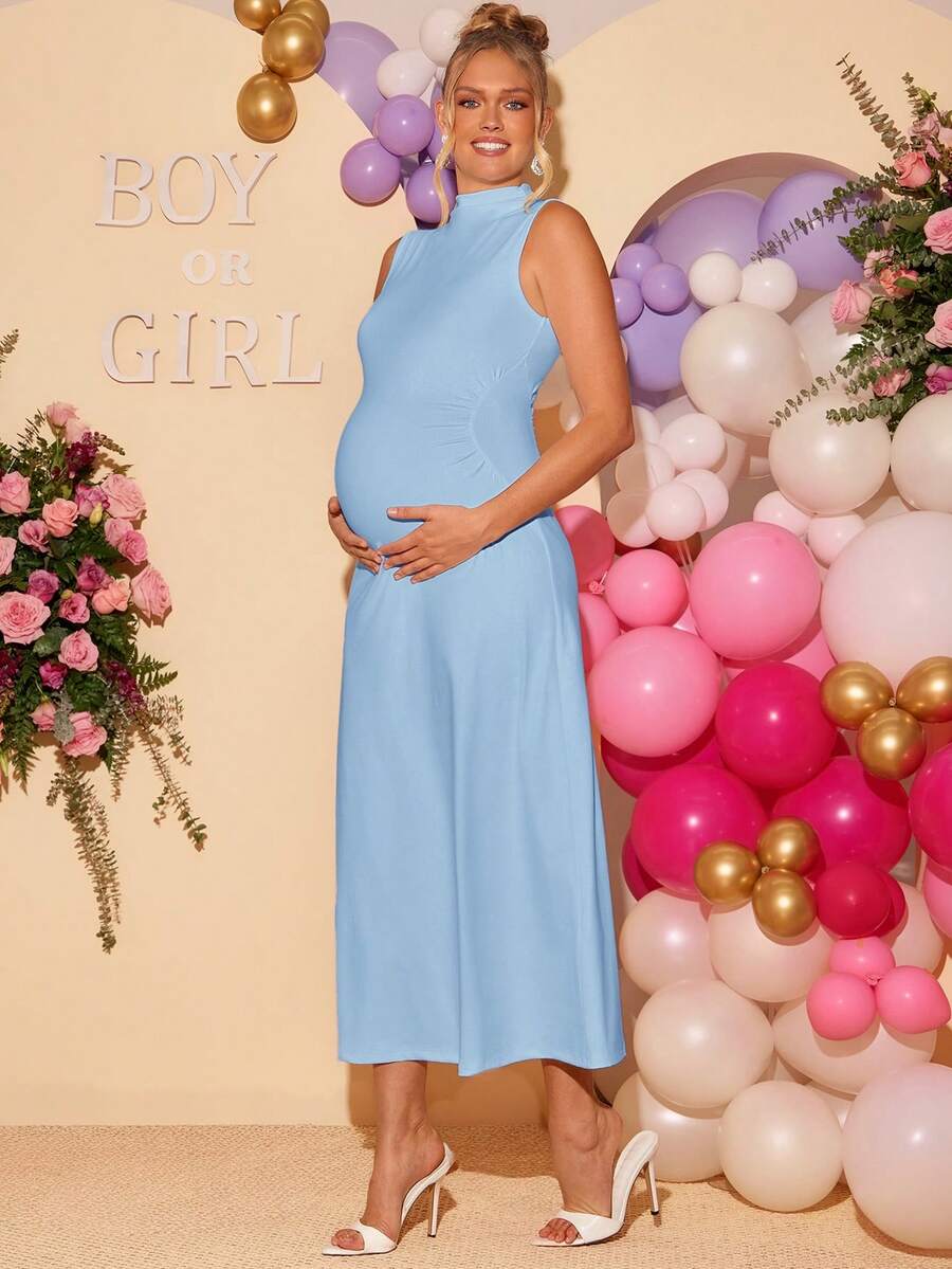 Maternity Elegant High Neck Sleeveless A-Line Dress Slim Fit Knitted Solid Blue Maxi Dress for Night Out and Formal Events