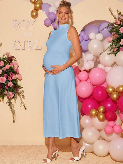 Maternity Elegant High Neck Sleeveless A-Line Dress Slim Fit Knitted Solid Blue Maxi Dress for Night Out and Formal Events