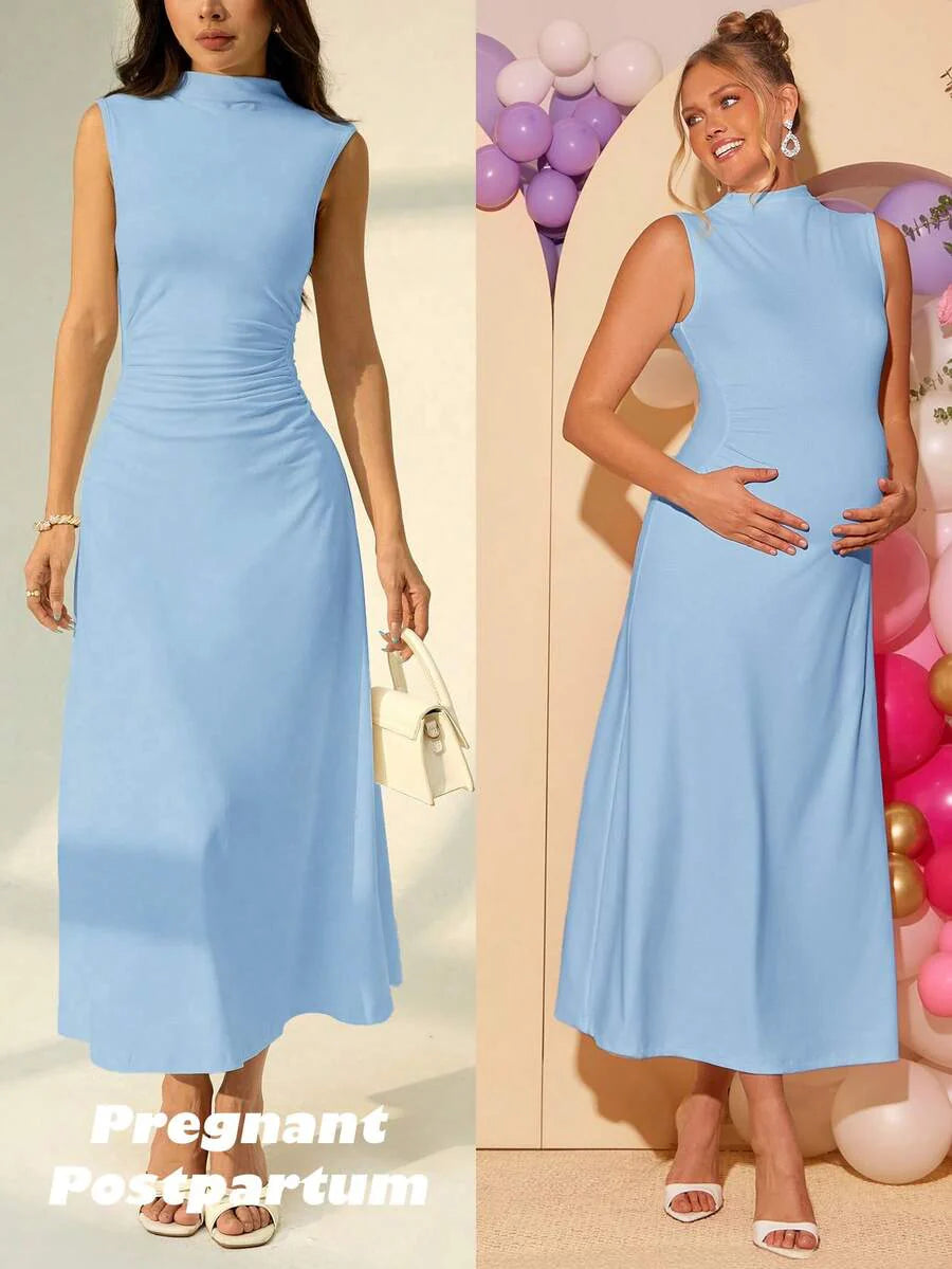 Maternity Elegant High Neck Sleeveless A-Line Dress Slim Fit Knitted Solid Blue Maxi Dress for Night Out and Formal Events