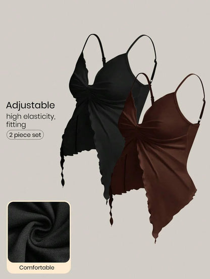 2-Piece Maternity Twist Front Asymmetrical Camisole Set - Elegant Black & White Open Hem Cami Tops with Adjustable Straps