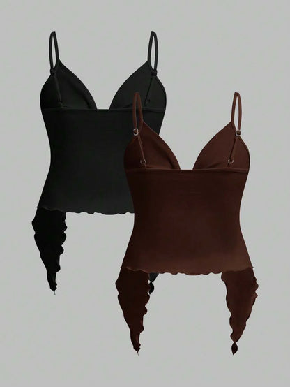 2-Piece Maternity Twist Front Asymmetrical Camisole Set - Elegant Black & White Open Hem Cami Tops with Adjustable Straps