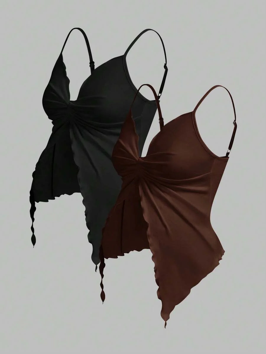 2-Piece Maternity Twist Front Asymmetrical Camisole Set - Elegant Black & White Open Hem Cami Tops with Adjustable Straps