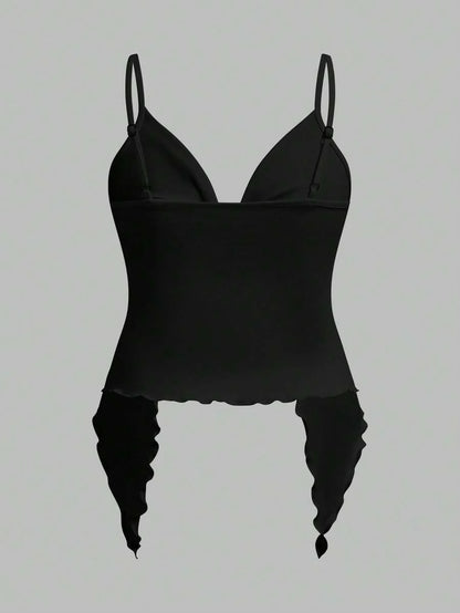 2-Piece Maternity Twist Front Asymmetrical Camisole Set - Elegant Black & White Open Hem Cami Tops with Adjustable Straps