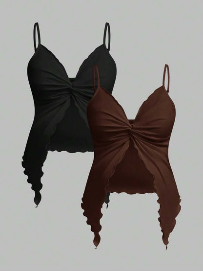 2-Piece Maternity Twist Front Asymmetrical Camisole Set - Elegant Black & White Open Hem Cami Tops with Adjustable Straps