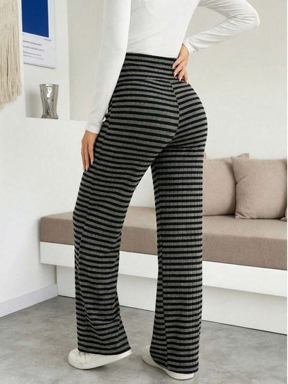 Maternity Wide Leg Pants - High Waist Striped Belly Support, Brown