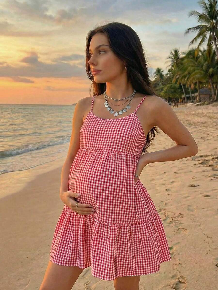 Maternity Red Plaid Cami Dress - Spaghetti Strap, Cold Shoulder, Backless, Slim Fit, Red