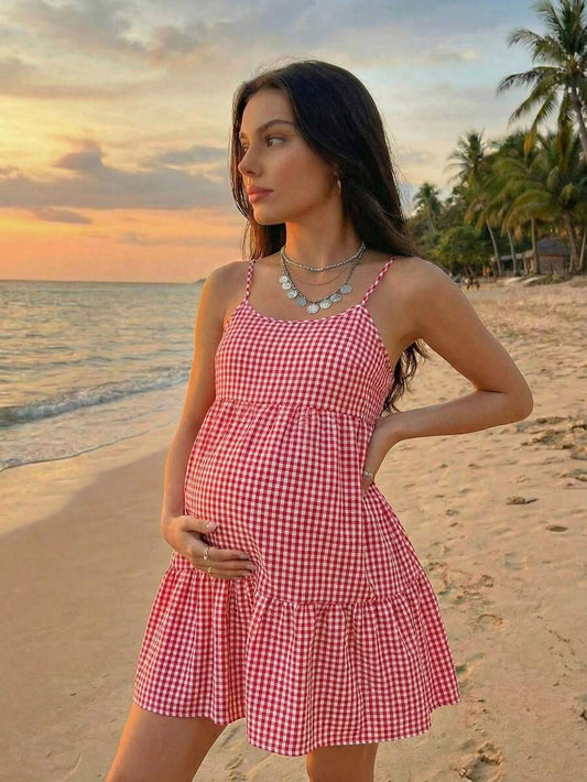 Maternity Red Plaid Cami Dress - Spaghetti Strap, Cold Shoulder, Backless, Slim Fit, Red