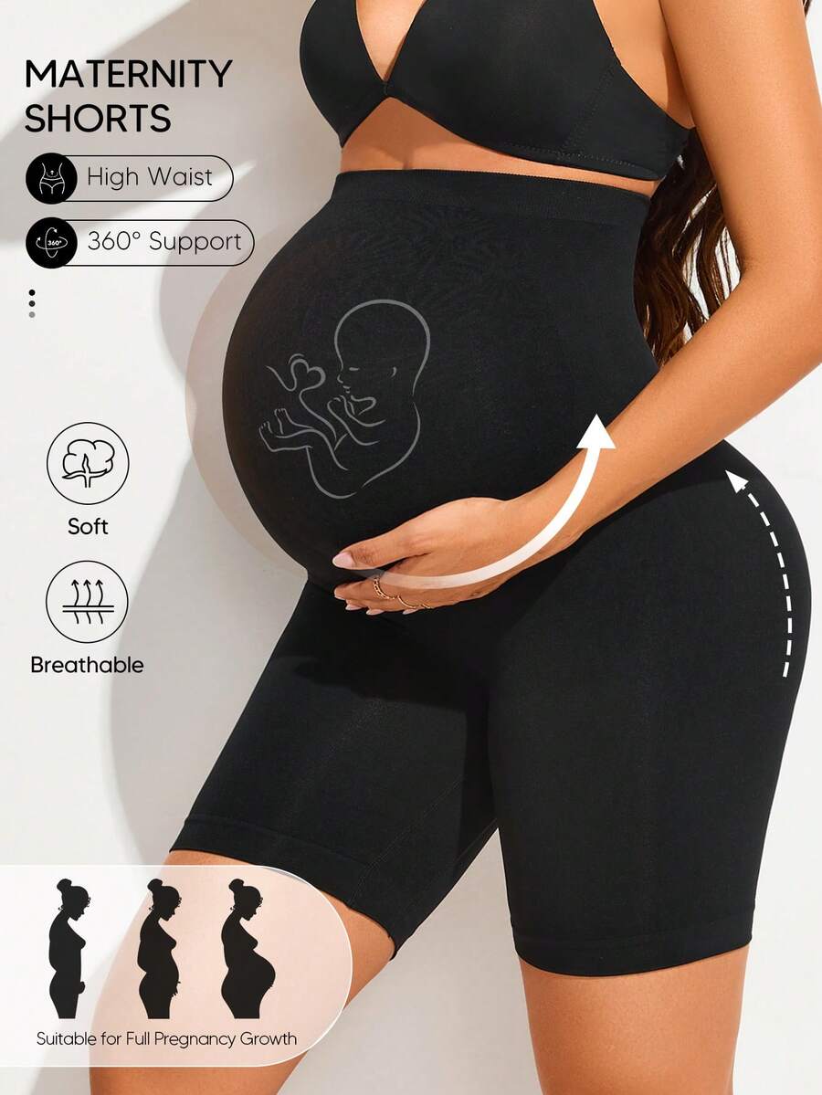 Black High Waist Maternity Shorts - Expandable Abdominal Panel Support