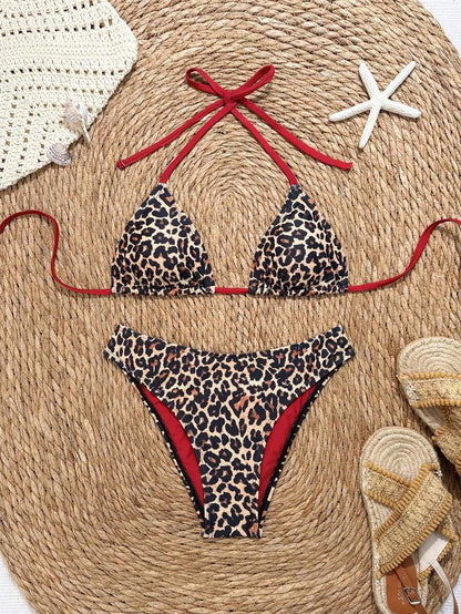 Swim Vcay 2026 Spring/Summer Women's Spaghetti Strap Halter Neck Black Base White Polka Dot Random Print Sweet Cute Side High Cut Bikini Swimwear 2-Piece Set Vacation Bikini Set Pink Bikini Set High Leg Bikini Set Modest Bikini Set Bikini Set