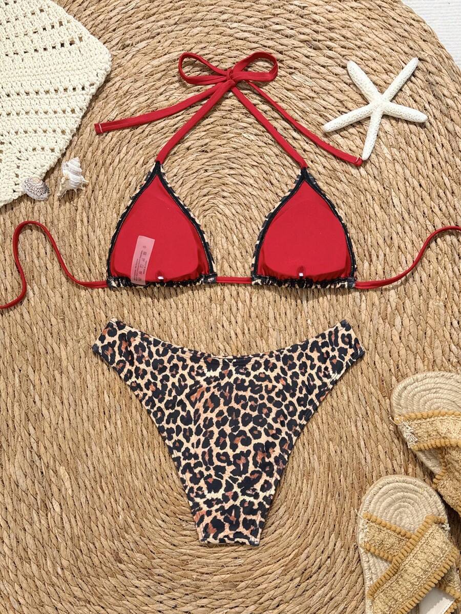 Swim Vcay 2026 Spring/Summer Women's Spaghetti Strap Halter Neck Black Base White Polka Dot Random Print Sweet Cute Side High Cut Bikini Swimwear 2-Piece Set Vacation Bikini Set Pink Bikini Set High Leg Bikini Set Modest Bikini Set Bikini Set