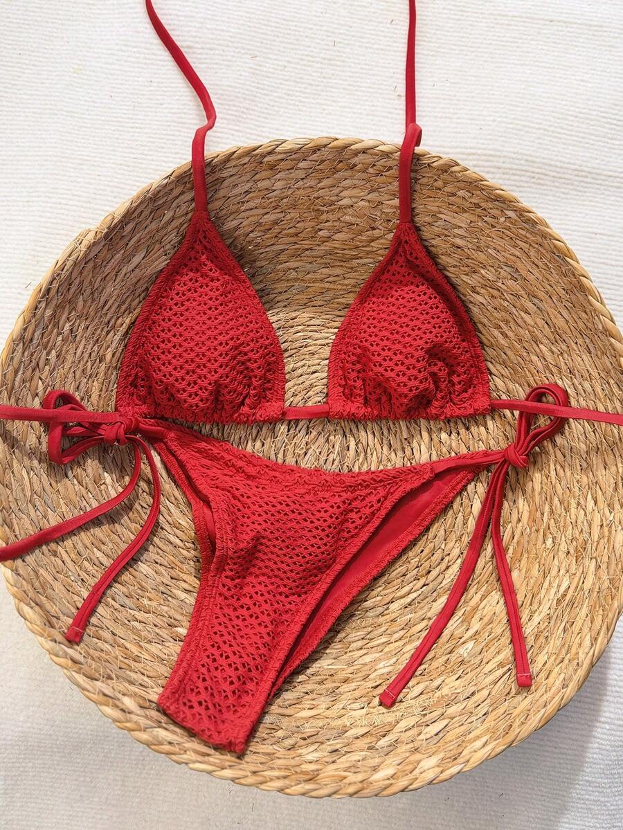 Swim Vcay 2026 Spring/Summer Green Special Fabric Women's Swimwear, Spaghetti Strap Halter Solid Color Sexy Side Tie Thong Bikini Two-Piece Swimwear Teal Bikini Tie Bikini Set Textured Bikini Triangle Bikini Triangle Bikini Set