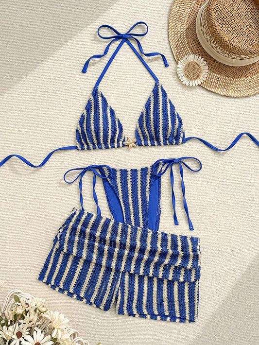 Women's 3-Piece Striped Bikini Set - Halter, Tie Side, Ruched Tummy Control Shorts, Multicolor