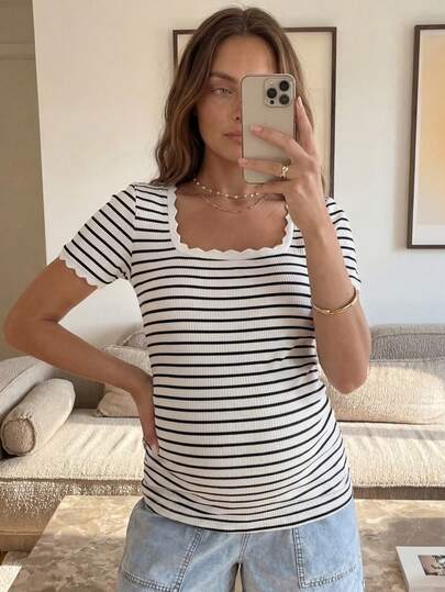 Maternity Striped Short Sleeve Scoop Neck T-Shirt with Scalloped Shell Trim White Casual Summer Pregnancy Tee Slim Fit Medium Stretch