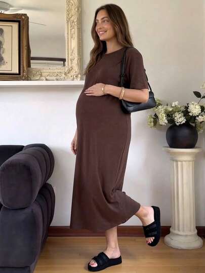Maternity Casual Solid Color Short Sleeve Midi Dress Loose Fit Summer Tee Dress with Split Sleeves for Home and Daily Wear