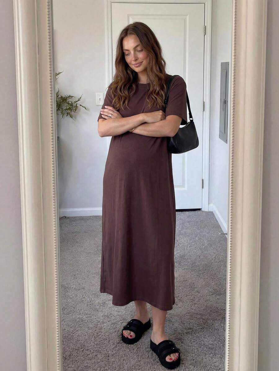 Maternity Casual Solid Color Short Sleeve Midi Dress Loose Fit Summer Tee Dress with Split Sleeves for Home and Daily Wear