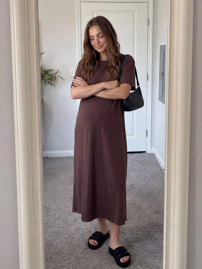 Maternity Casual Solid Color Short Sleeve Midi Dress Loose Fit Summer Tee Dress with Split Sleeves for Home and Daily Wear