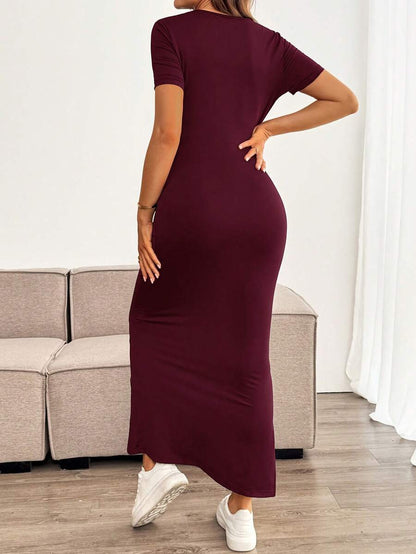 Maternity Bodycon Long Dress - Round Neck, Short Sleeve, Slim Fit, Pencil Hem, Army Green