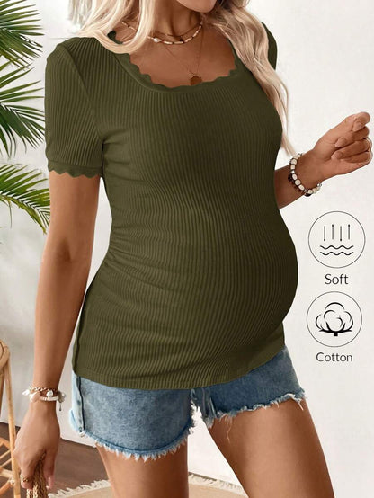 Maternity Square Neck Ribbed Short Sleeve T-Shirt - Slim Fit Cotton Knit Casual Tee with Scallop Trim Details