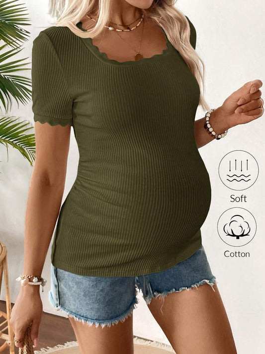 Maternity Square Neck Ribbed Short Sleeve T-Shirt - Slim Fit Cotton Knit Casual Tee with Scallop Trim Details