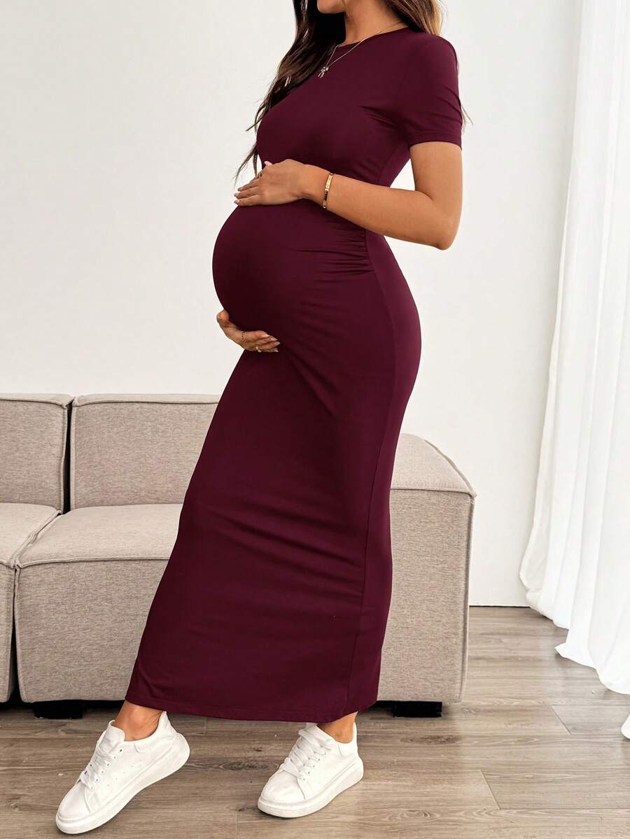 Maternity Bodycon Long Dress - Round Neck, Short Sleeve, Slim Fit, Pencil Hem, Army Green