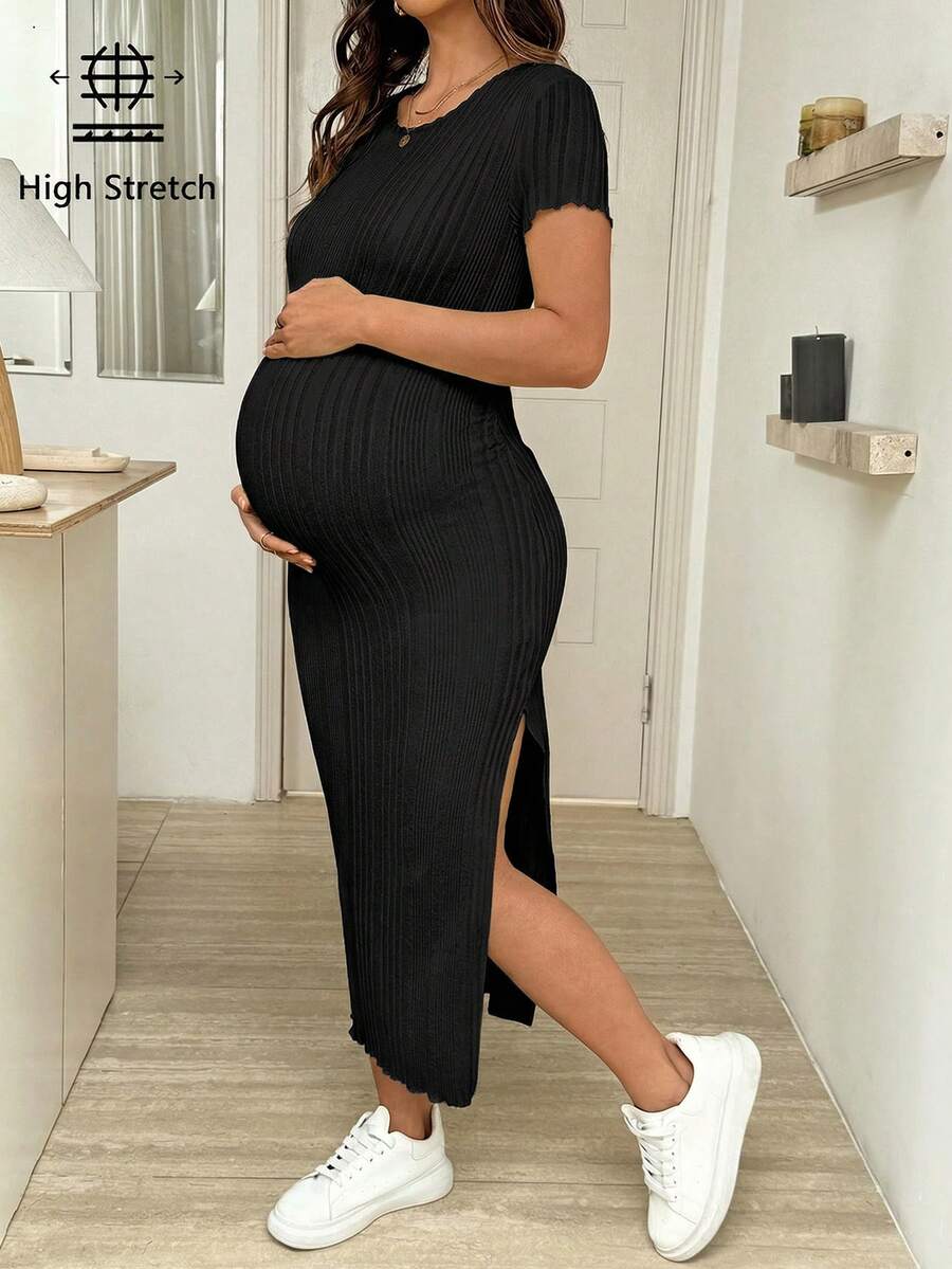 Maternity Bodycon Midi Dress - Round Neck, Short Sleeve, Side Slit, Slim Fit, Light Grey