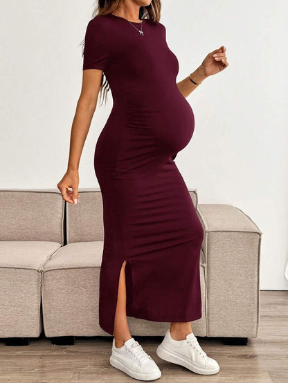 Maternity Bodycon Long Dress - Round Neck, Short Sleeve, Slim Fit, Pencil Hem, Army Green