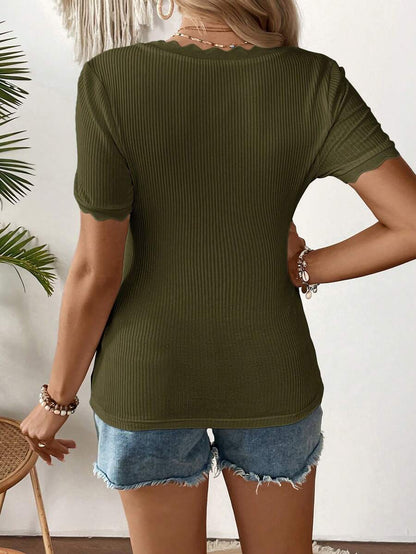 Maternity Square Neck Ribbed Short Sleeve T-Shirt - Slim Fit Cotton Knit Casual Tee with Scallop Trim Details