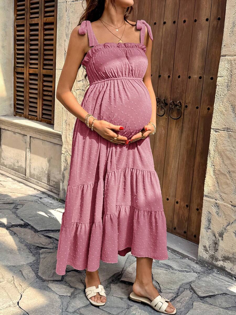 Pregnant Women's Jacquard Pleated Knotted Shoulder Casual Party Outing Camisole Dress