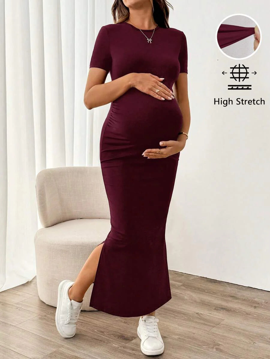 Maternity Bodycon Long Dress - Round Neck, Short Sleeve, Slim Fit, Pencil Hem, Army Green
