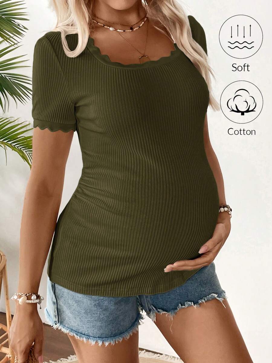 Maternity Square Neck Ribbed Short Sleeve T-Shirt - Slim Fit Cotton Knit Casual Tee with Scallop Trim Details