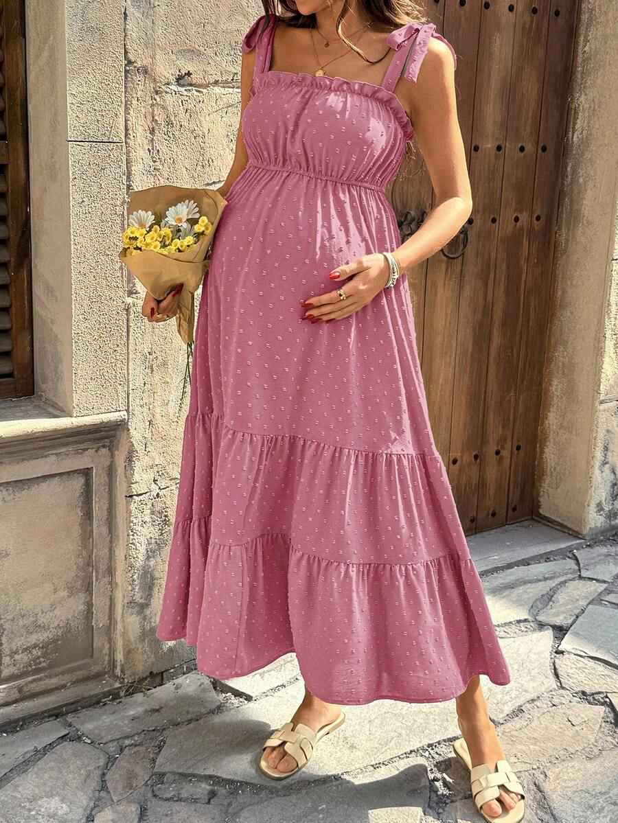 Pregnant Women's Jacquard Pleated Knotted Shoulder Casual Party Outing Camisole Dress