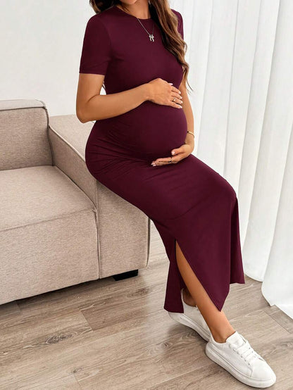 Maternity Bodycon Long Dress - Round Neck, Short Sleeve, Slim Fit, Pencil Hem, Army Green