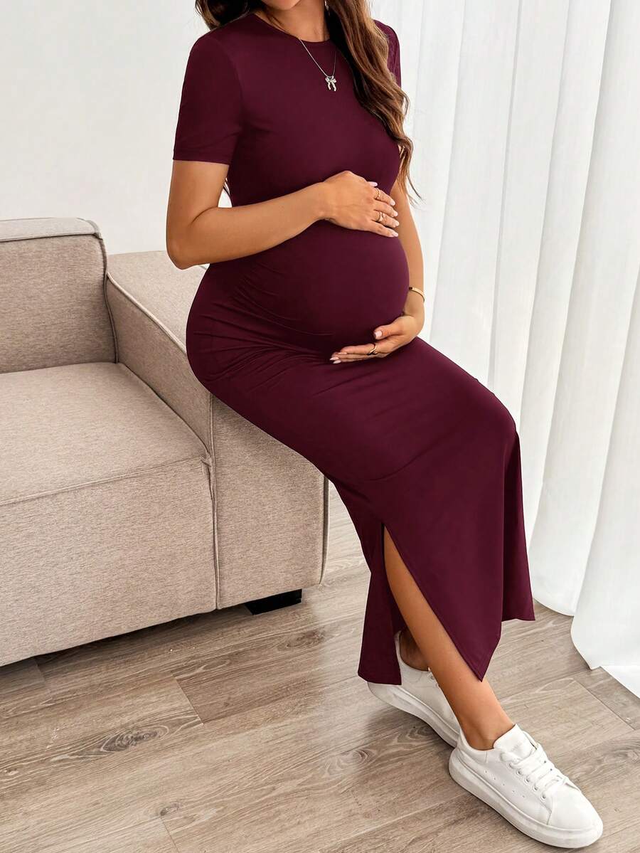 Maternity Bodycon Long Dress - Round Neck, Short Sleeve, Slim Fit, Pencil Hem, Army Green
