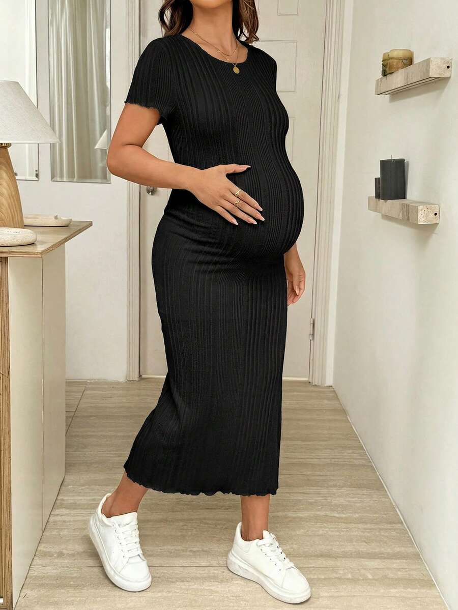 Maternity Bodycon Midi Dress - Round Neck, Short Sleeve, Side Slit, Slim Fit, Light Grey