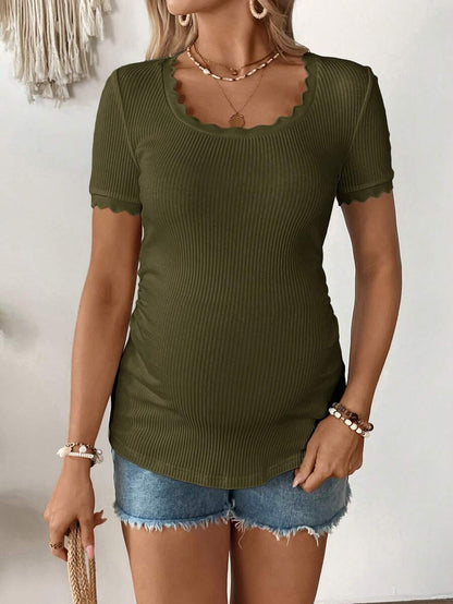 Maternity Square Neck Ribbed Short Sleeve T-Shirt - Slim Fit Cotton Knit Casual Tee with Scallop Trim Details