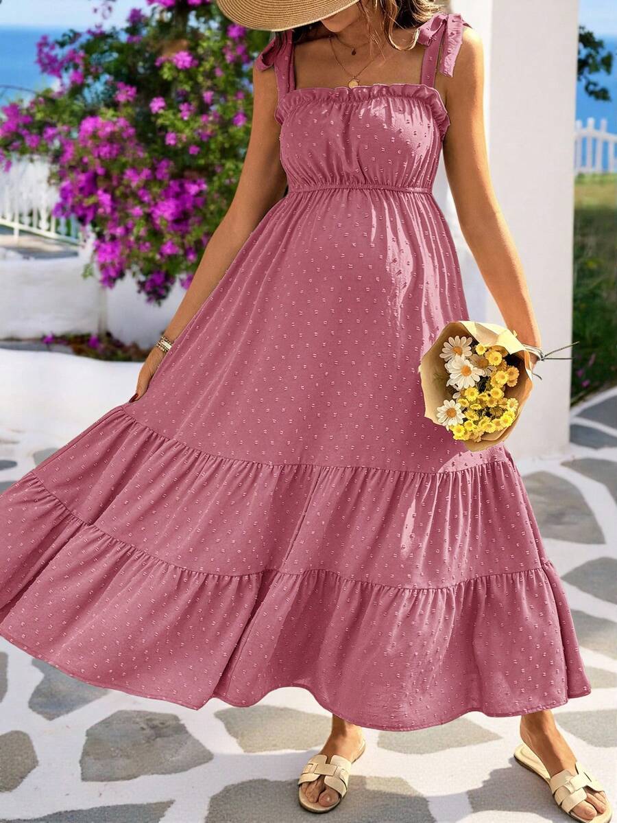 Pregnant Women's Jacquard Pleated Knotted Shoulder Casual Party Outing Camisole Dress