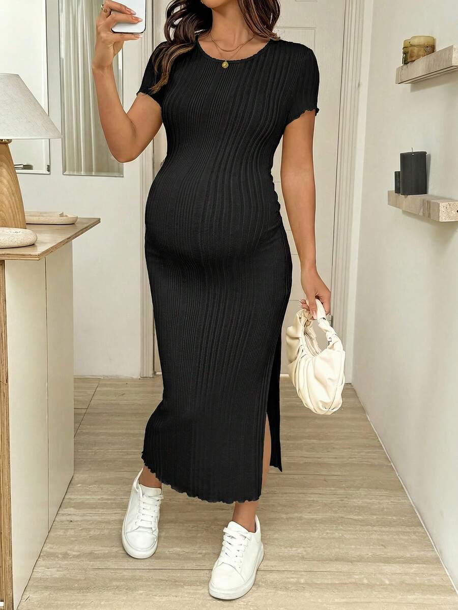Maternity Bodycon Midi Dress - Round Neck, Short Sleeve, Side Slit, Slim Fit, Light Grey