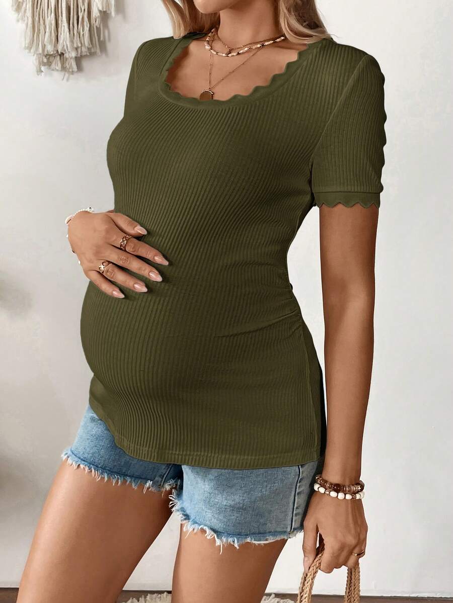 Maternity Square Neck Ribbed Short Sleeve T-Shirt - Slim Fit Cotton Knit Casual Tee with Scallop Trim Details