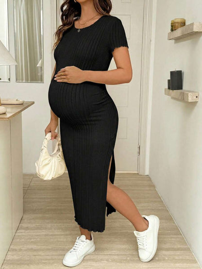 Maternity Bodycon Midi Dress - Round Neck, Short Sleeve, Side Slit, Slim Fit, Light Grey