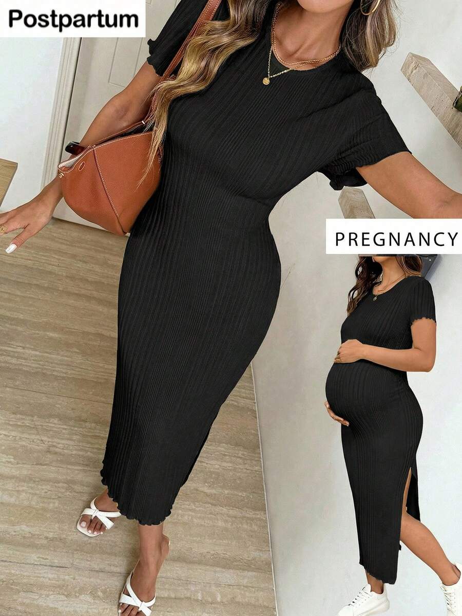 Maternity Short Sleeve Side Slit Midi Dress Elegant Slim Fit Round Neck Bodycon Knitted Dress for Summer Holiday and Spring Break