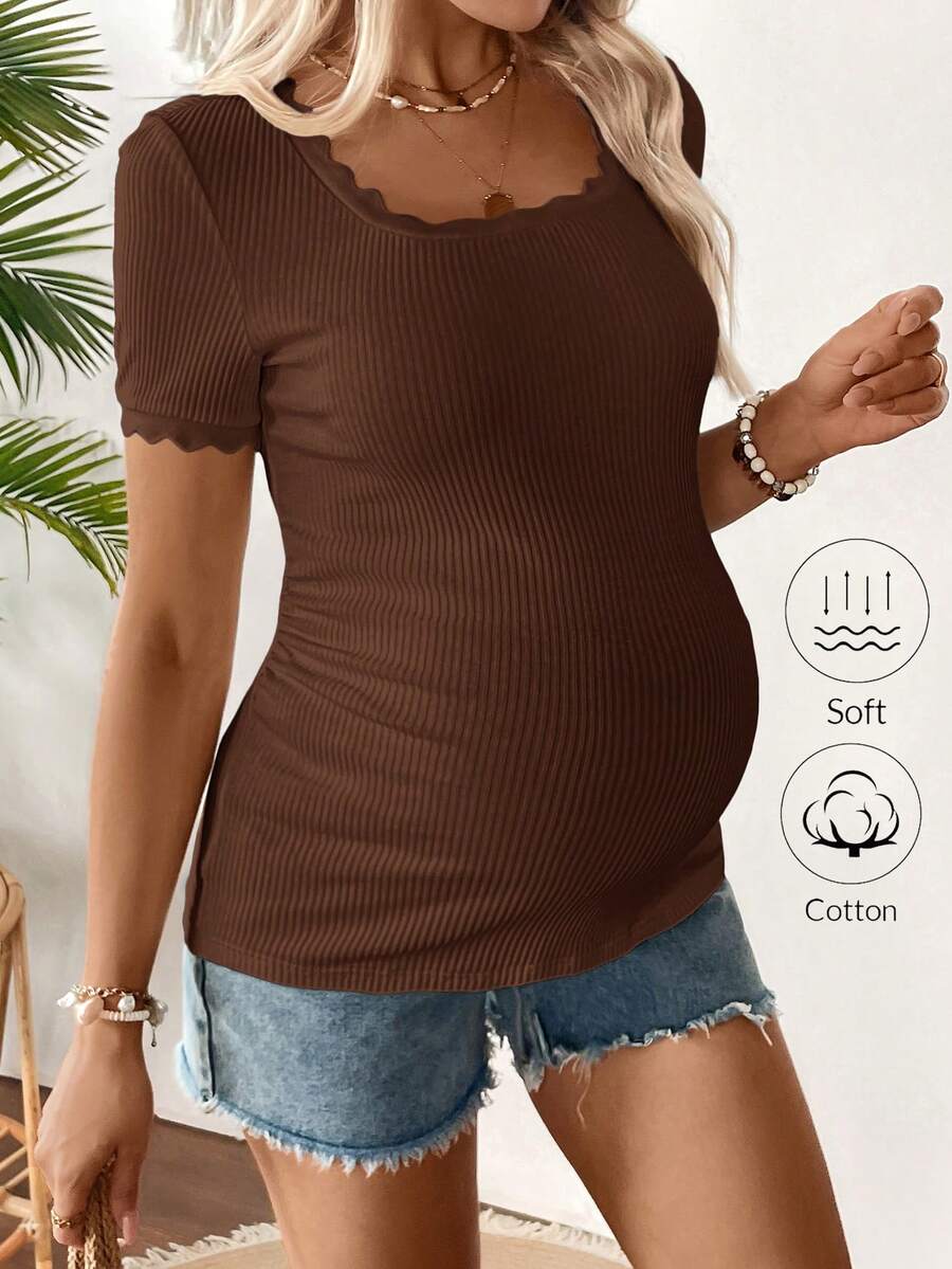 Maternity Square Neck Ribbed Short Sleeve T-Shirt - Slim Fit Cotton Knit Casual Tee with Scallop Trim Details