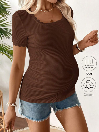 Maternity Square Neck Ribbed Short Sleeve T-Shirt - Slim Fit Cotton Knit Casual Tee with Scallop Trim Details