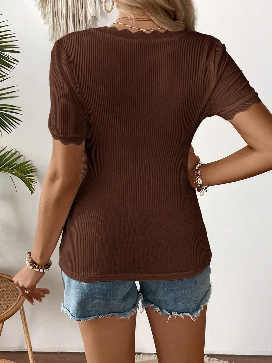 Maternity Square Neck Ribbed Short Sleeve T-Shirt - Slim Fit Cotton Knit Casual Tee with Scallop Trim Details