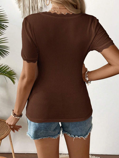Maternity Square Neck Ribbed Short Sleeve T-Shirt - Slim Fit Cotton Knit Casual Tee with Scallop Trim Details